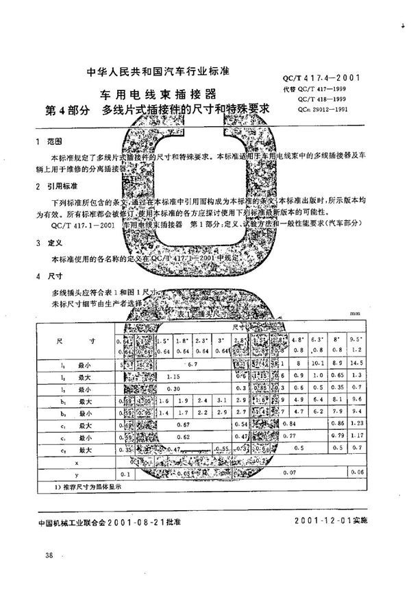 车用电线束插接器  第4部分：多线片式插接件的尺寸和特殊要求 (QC/T 417.4-2001）