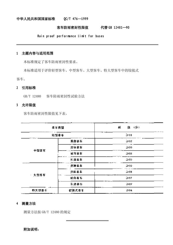 QC/T 476—1999 客车防雨密封性限值 (QC/T 476-1999)