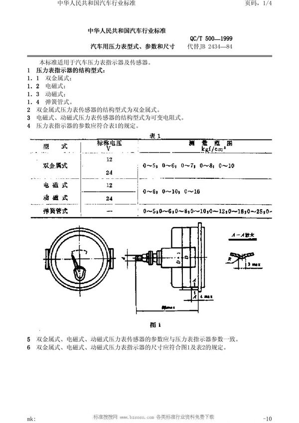 汽车用压力表型式、参数和尺寸 (QC/T 500-1999)