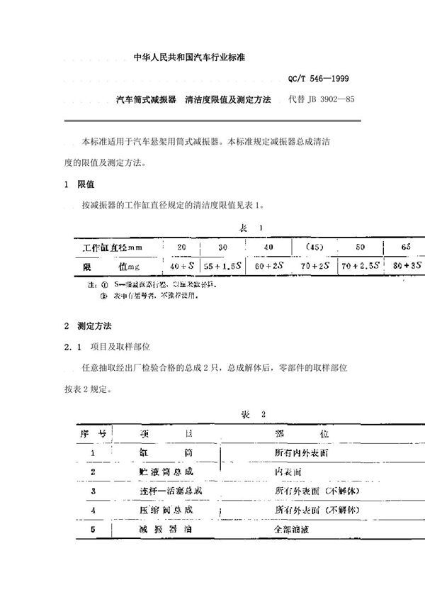 汽车筒式减振器 清洁度限值及测定方法 (QC/T 546-1999)