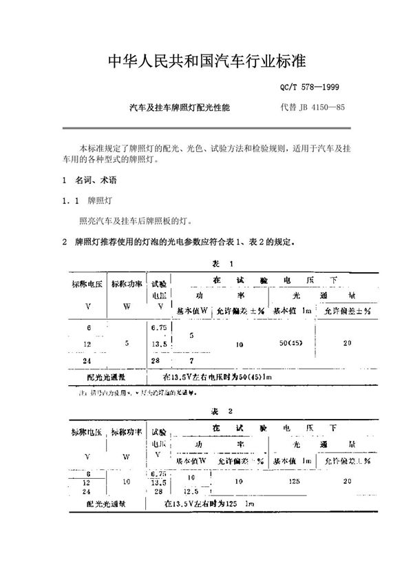 汽车及挂车 牌照灯配光性能 (QC/T 578-1999)