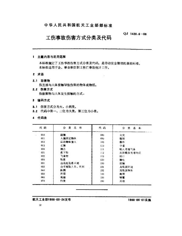 工伤事故分类及代码 工伤事故伤害方式分类及代码 (QJ 1420.6-1988)