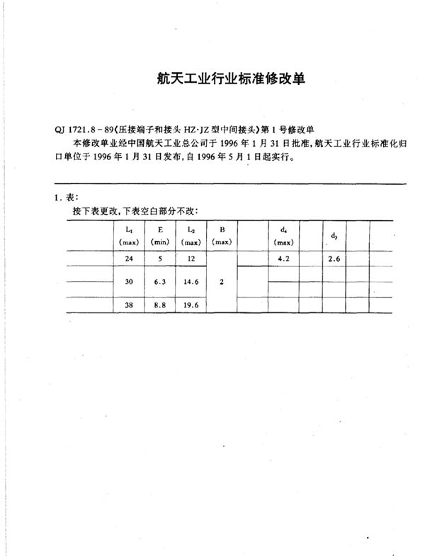 《压接端子和接头 HZ·JZ型中间接头》第1号修改单 (QJ 1721.8-1989-X)