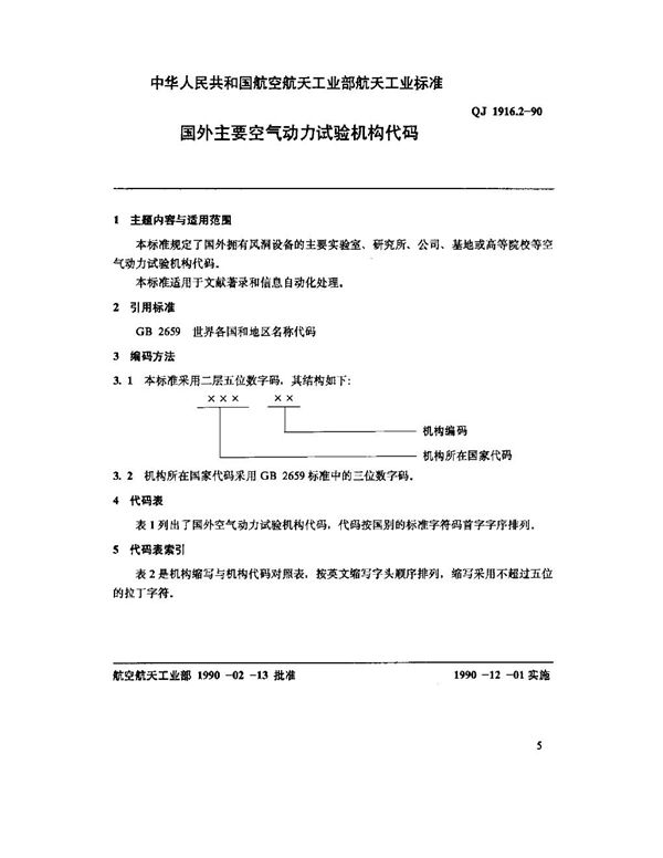 空气动力数据库数据元 国外主要空气动力试验机构代码 (QJ 1916.2-1990)