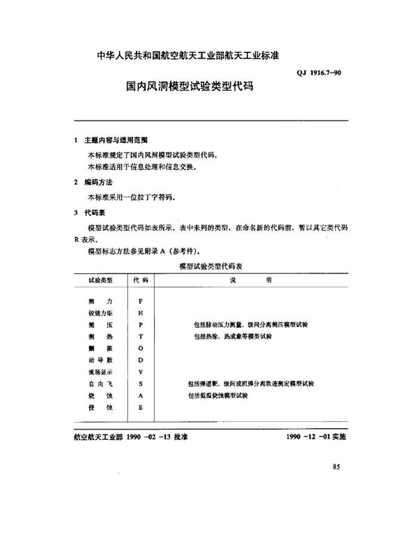 空气动力数据库数据元 国内风洞模型试验类型代码 (QJ 1916.7-1990)