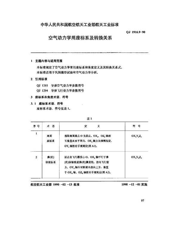 空气动力数据库数据元 空气动力学用坐标系及转换关系 (QJ 1916.9-1990)