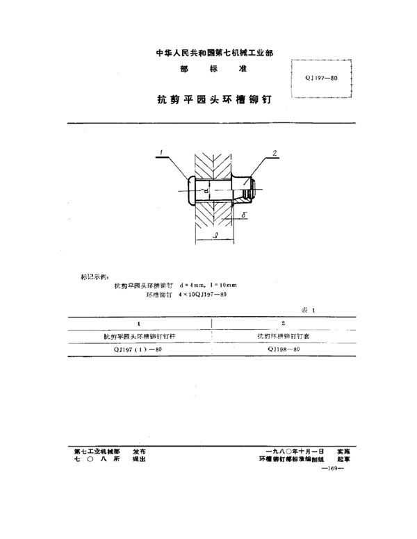 抗剪平圆头环槽铆钉 (QJ 197-1980)