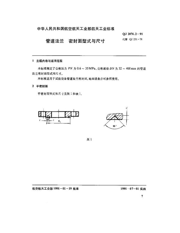 管道法兰 密封面型式与尺寸 (QJ 2076.2-1991)