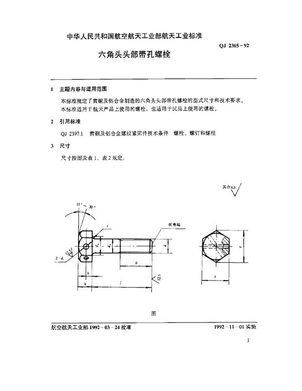 六角头头部带孔螺栓 (QJ 2365-1992)