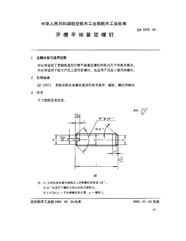 开槽平端紧定螺钉 (QJ 2375-1992)