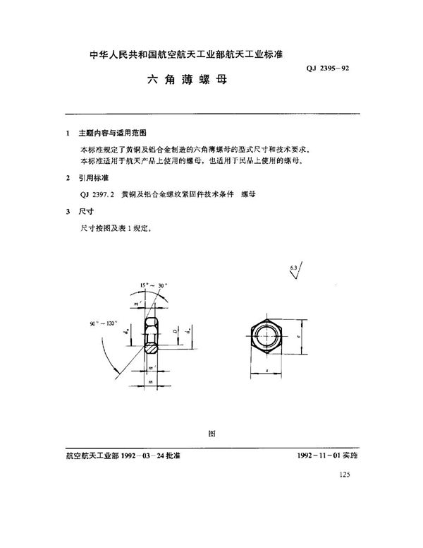 六角薄螺母 (QJ 2395-1992)