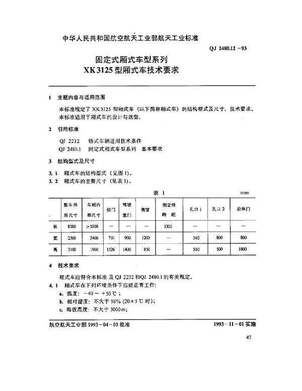 固定式厢式车型系列 XK3125型厢式车技术要求 (QJ 2480.12-1993)