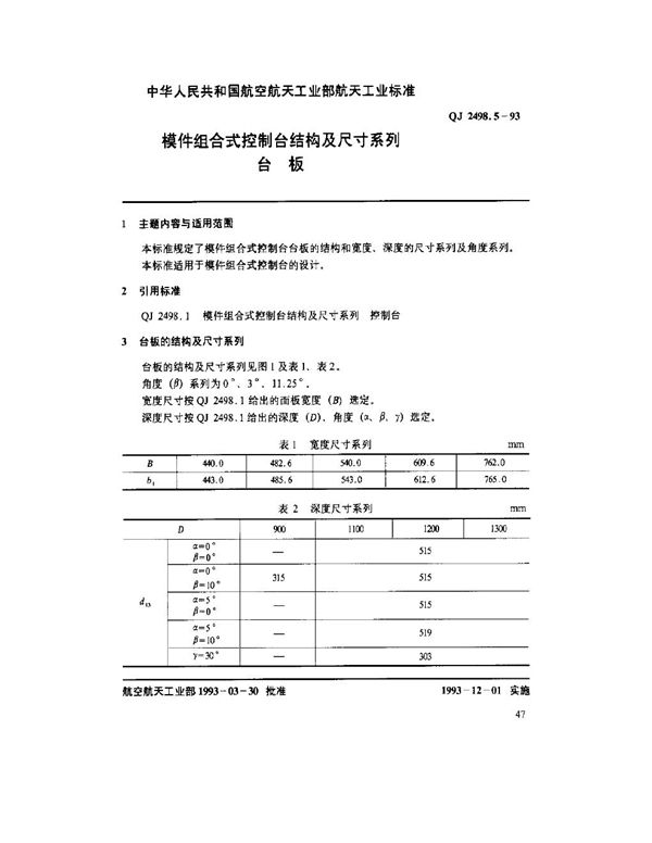 模件组合式控制台结构及尺寸系列 台板 (QJ 2498.5-1993)