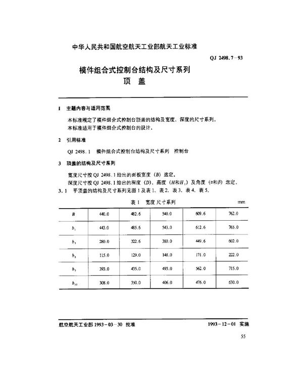 模件组合式控制台结构及尺寸系列 顶盖 (QJ 2498.7-1993)