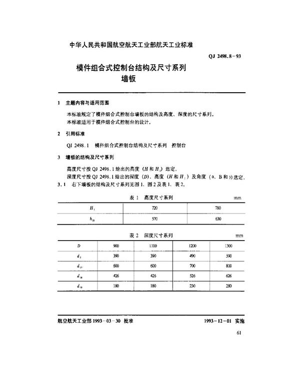 模件组合式控制台结构及尺寸系列 墙板 (QJ 2498.8-1993)