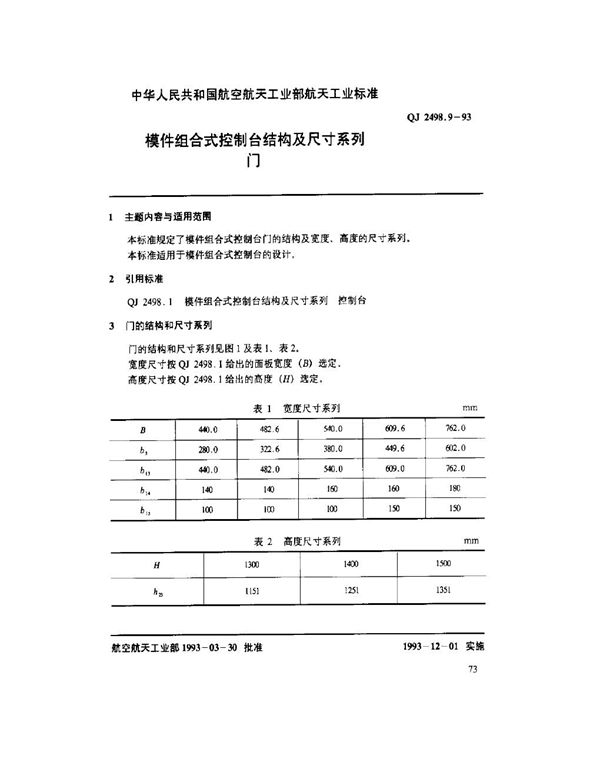 模件组合式控制台结构及尺寸系列 门 (QJ 2498.9-1993)