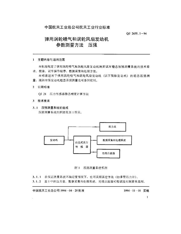 弹用涡轮喷气和涡轮风扇发动机参数测量方法 压强 (QJ 2655.1-1994)