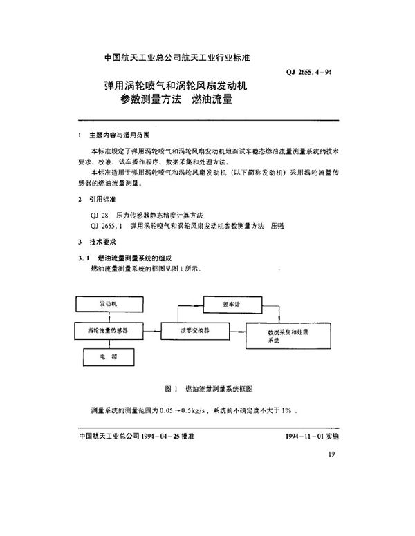 弹用涡轮喷气和涡轮风扇发动机参数测量方法 燃油流量 (QJ 2655.4-1994)