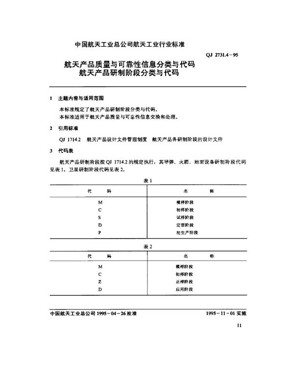 航天产品质量与可靠性信息分类与代码 航天产品研制阶段 (QJ 2731.4-1995)