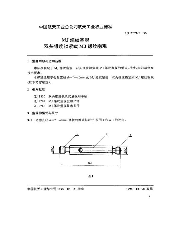 MJ螺纹塞规 双头锥度锁紧式MJ螺纹塞规 (QJ 2759.2-1995)