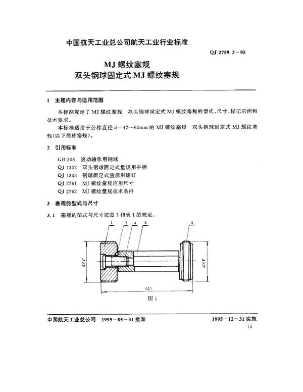 MJ螺纹塞规 双头钢球固定式MJ螺纹塞规 (QJ 2759.3-1995)