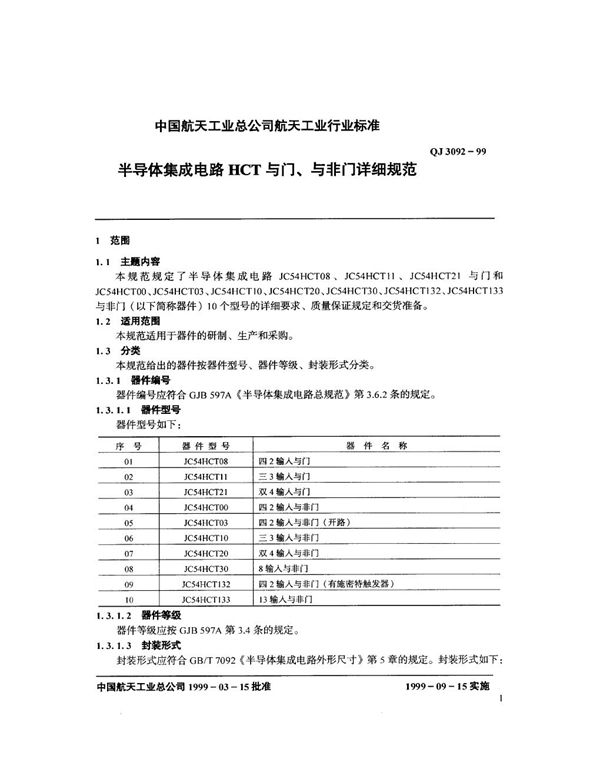 半导体集成电路 HCT 与门、与非门详细规范 (QJ 3092-1999)