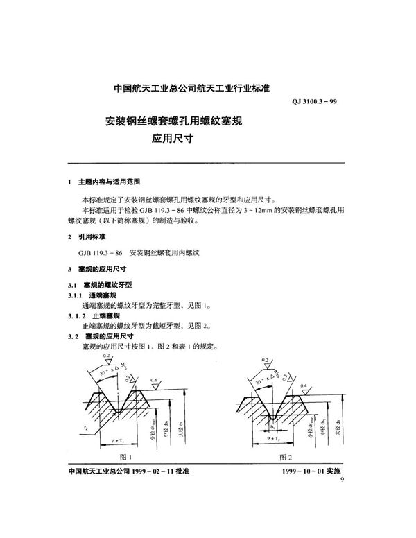 安装钢丝螺套螺孔用螺纹塞规 应用尺寸 (QJ 3100.3-1999)