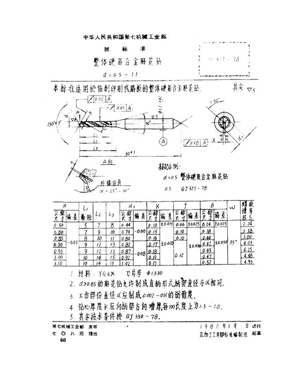 整体硬质合金麻花钻(d=0.5～1.1) (QJ 327-1978)