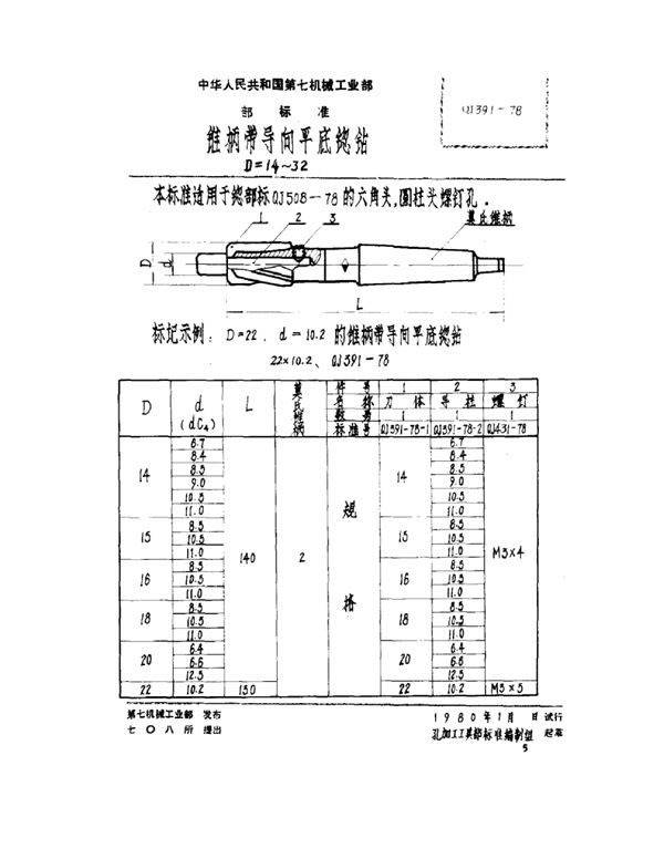 锥柄带导向平底锪钻 D=14~32 (QJ 391-1978)