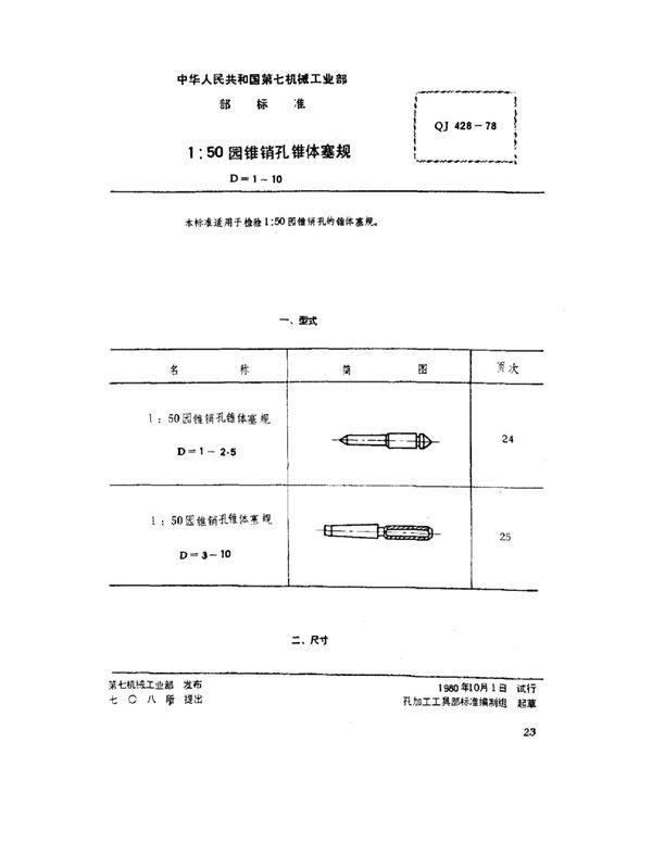 1：50圆锥销孔锥体塞规(d=1～10) (QJ 428-1978)