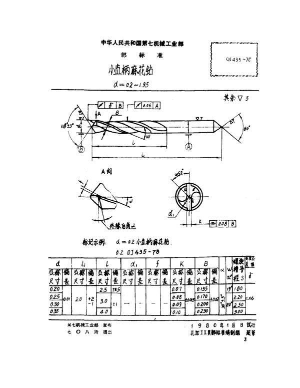 小直柄麻花钻 d=0.2~1.95 (QJ 435-1978)