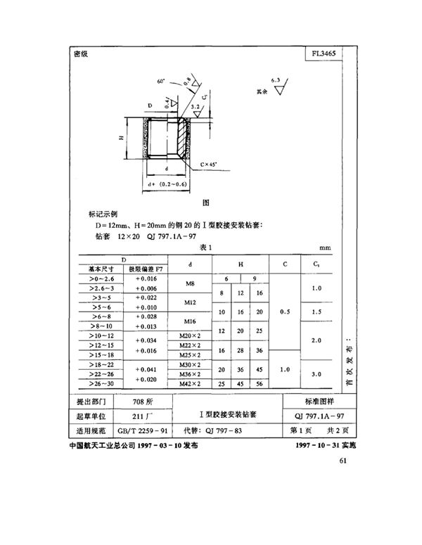 机床夹具零件及部件 Ⅰ型胶接安装钻套 (QJ 797.1A-1997)