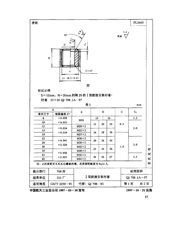 机床夹具零件及部件Ⅰ型胶接安装衬套 (QJ 798.1A-1997)