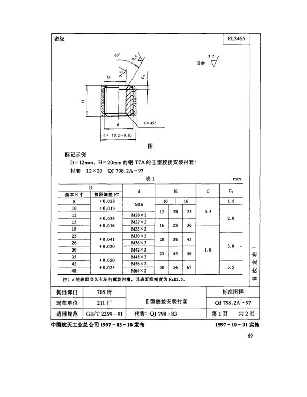 机床夹具零件及部件 Ⅱ型胶接安装衬套 (QJ 798.2A-1997)