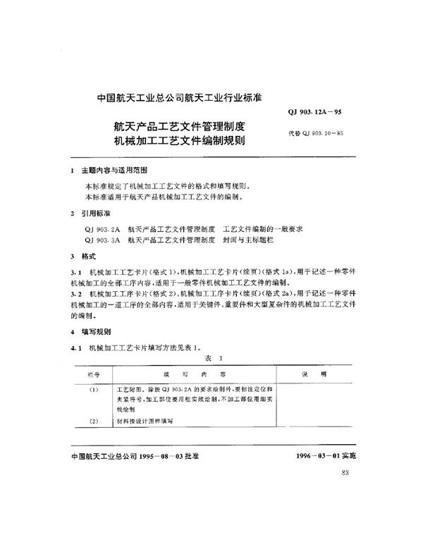 航天产品工艺文件管理制度 机械加工工艺文件编制规则 (QJ 903.12A-1995)