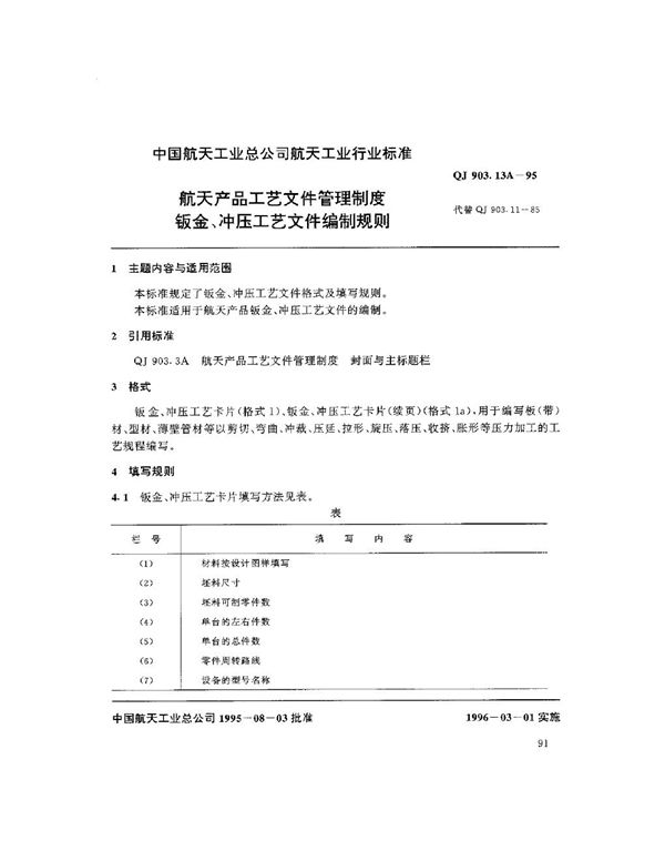 航天产品工艺文件管理制度 钣金、冲压工艺文件编制规则 (QJ 903.13A-1995)