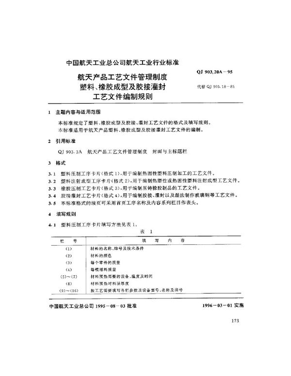 航天产品工艺文件管理制度 塑料、橡胶成型及胶接灌封 (QJ 903.20A-1995)