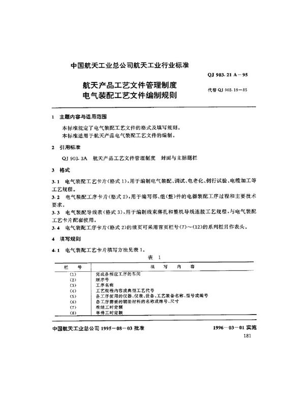 航天产品工艺文件管理制度 电气装配工艺文件编制规则 (QJ 903.21A-1995)