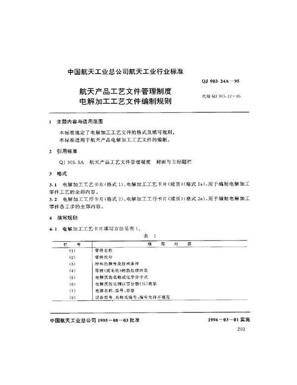 航天产品工艺文件管理制度 电解加工工艺文件编制规则 (QJ 903.24A-1995)