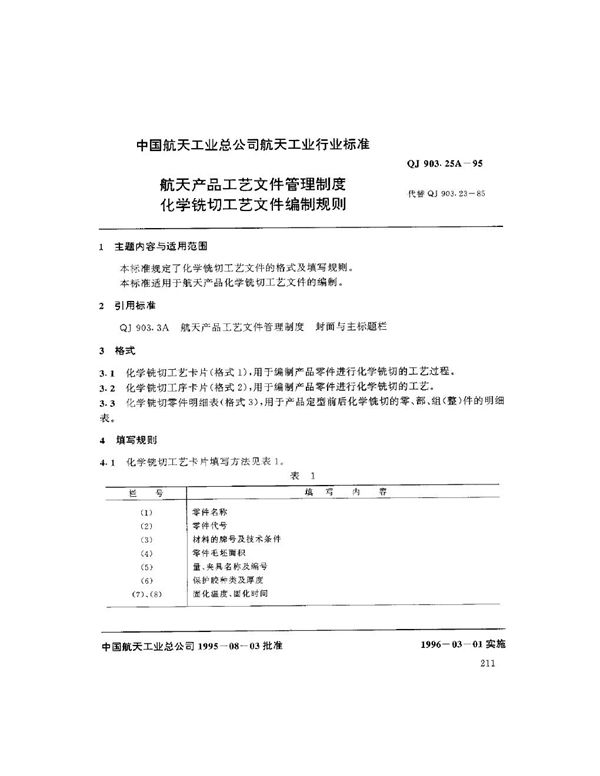 航天产品工艺文件管理制度 化学铣切工艺文件编制规则 (QJ 903.25A-1995)