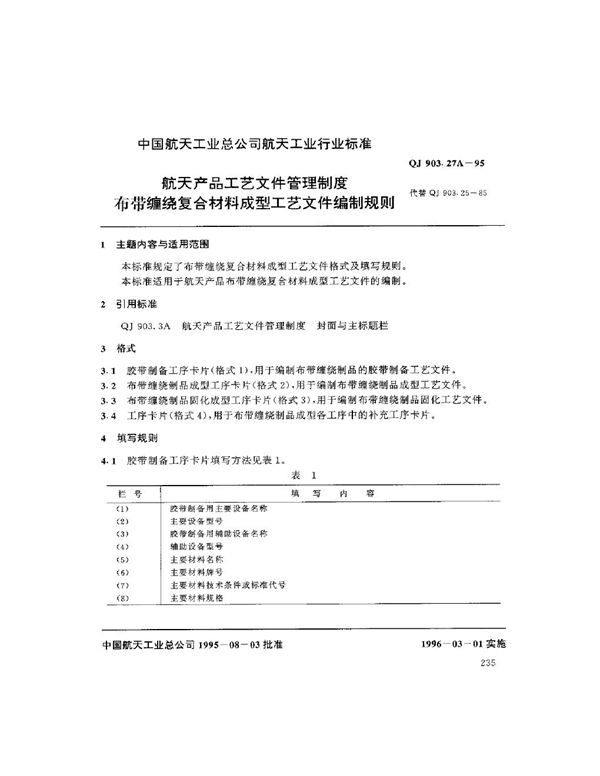 航天产品工艺文件管理制度 布带缠绕复合材料成型工艺文件编制规则 (QJ 903.27A-1995)