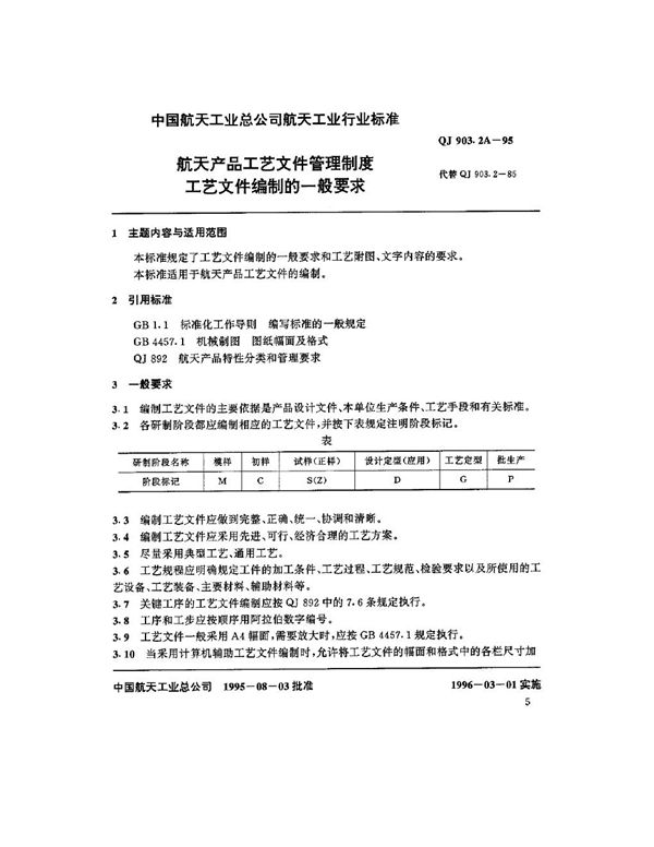 航天产品工艺文件管理制度 工艺文件编制的一般要求 (QJ 903.2A-1995)