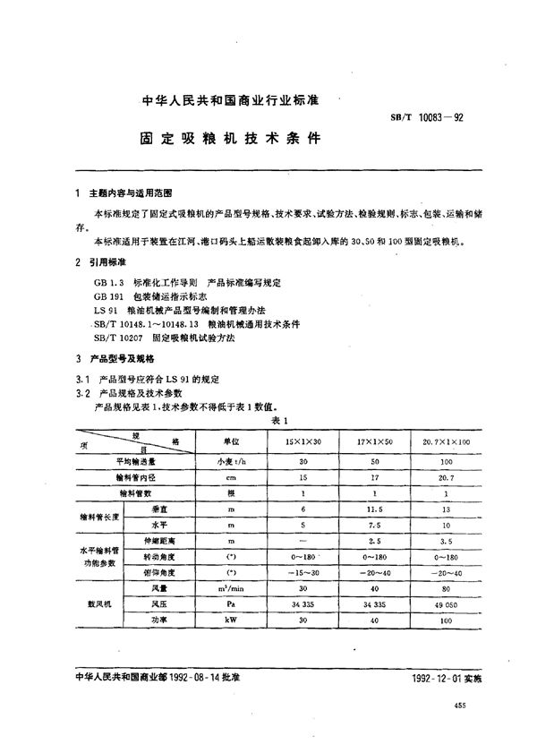 固定吸粮机技术条件 (SB/T 10083-1992）