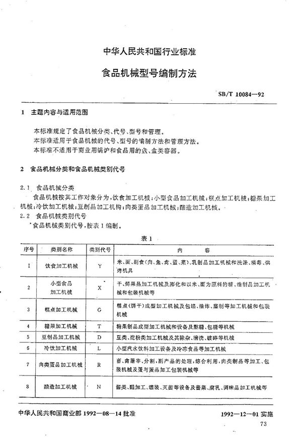 食品机械型号编制方法 (SB/T 10084-1992）