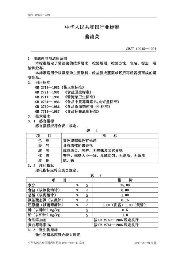 酱渍菜 (SB/T 10215-1994）