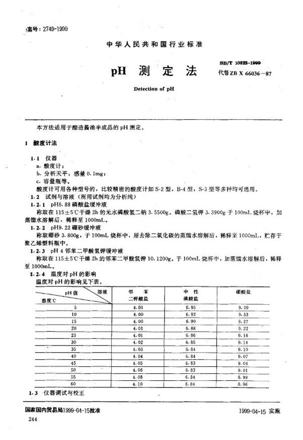 pH测定法 (SB/T 10322-1999）