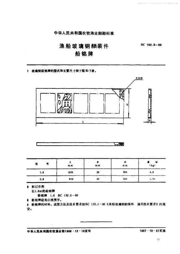 渔船玻璃钢舾装件 船铭牌 (SC 152.5-1986)