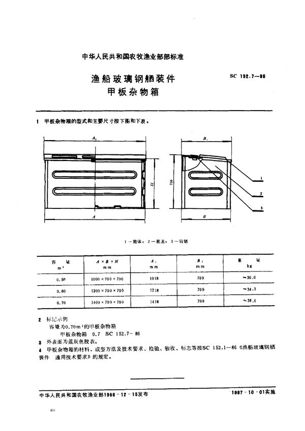 渔船玻璃钢舾装件 甲板杂物箱 (SC 152.7-1986)