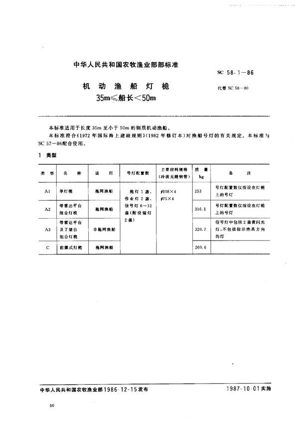 机动渔船灯桅 35m≤船长＜50m (SC 58.1-1986)