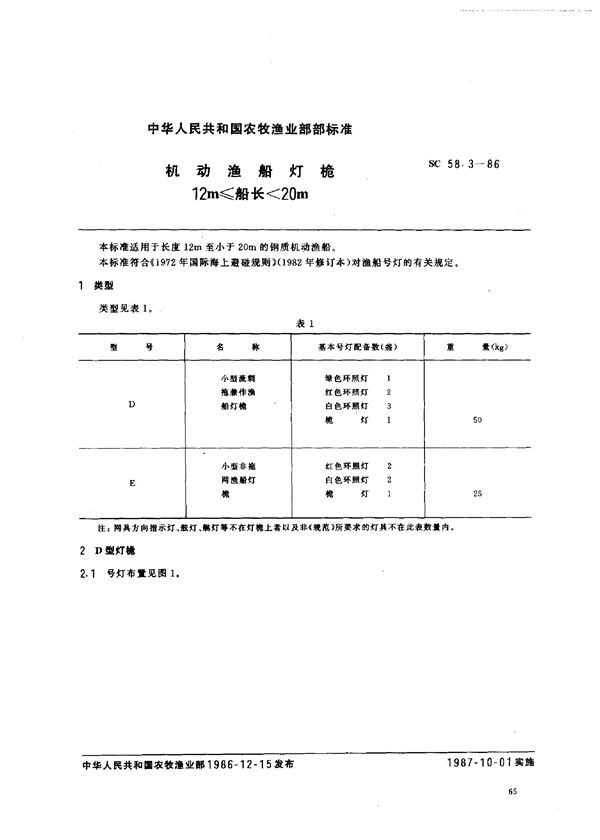 机动渔船灯桅 12m≤船长＜20m (SC 58.3-1986)